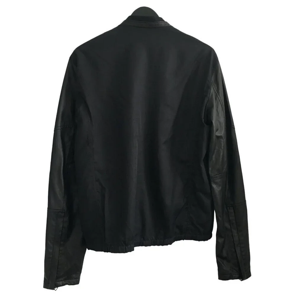 Mens Black Biker Jacket With Faux Leather Sleeves & Zip Closure Size M
